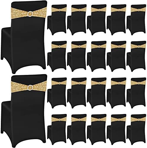 40 Pcs Spandex Chair Covers with Bowknot Sashes, Black, Gold in Gold