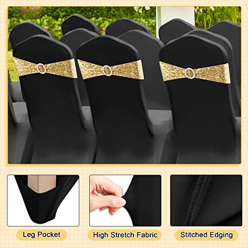 40 Pcs Spandex Chair Covers with Bowknot Sashes, Black, Gold in Gold, alternate view 4