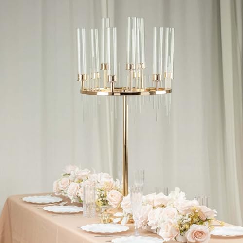 40" Tall 9-Arm Gold Candelabra Centerpiece, Luxury Taper Candle Holder with Clear Glass Hurricane Shades &