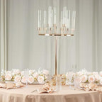 40" Tall 9-Arm Gold Candelabra Centerpiece, Luxury Taper Candle Holder with Clear Glass Hurricane Shades &, alternate view 3
