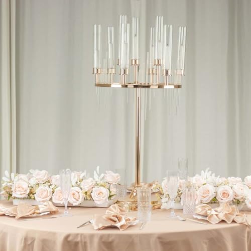 40" Tall 9-Arm Gold Candelabra Centerpiece, Luxury Taper Candle Holder with Clear Glass Hurricane Shades &, alternate view 3