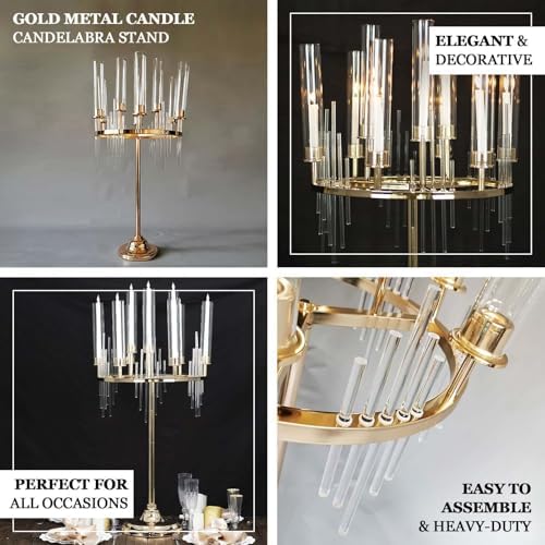 40" Tall 9-Arm Gold Candelabra Centerpiece, Luxury Taper Candle Holder with Clear Glass Hurricane Shades &, alternate view 4