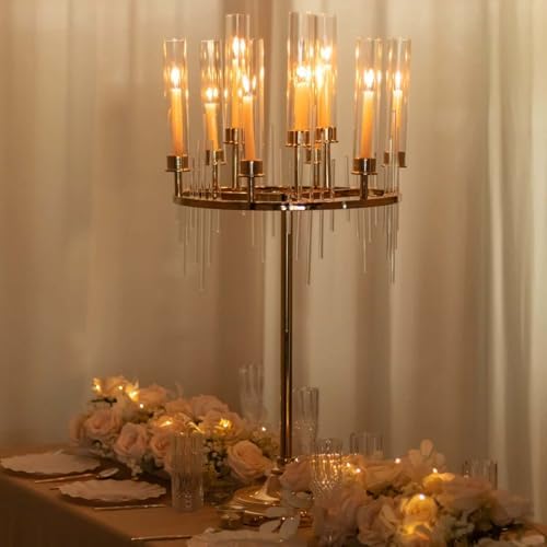 40" Tall 9-Arm Gold Candelabra Centerpiece, Luxury Taper Candle Holder with Clear Glass Hurricane Shades &, alternate view 5