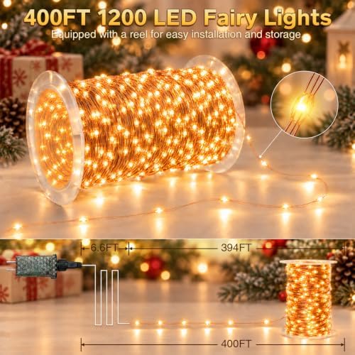400FT 1200LED Outdoor Fairy Lights Plug in Warm White Xmas Decor, alternate view 6