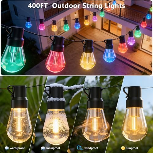 400FT RGB+IC Outdoor String Lights, IP67 Waterproof LED Color Changing Clear Bulb String Lights with App &, alternate view 2
