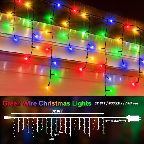 400LED Christmas Icicle Lights - 33FT Dark Green Wire with 8 Modes & 75 Drops for Outdoor Decor, alternate view 2