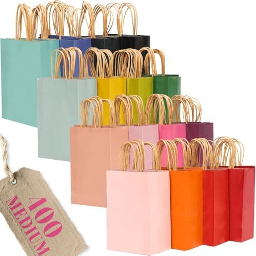 400Pcs Medium Size Paper Gift Bags with Handles - 10.6"x8.3"x4.3" Kraft Party Bags - 16 Solid Colors in 1 Count