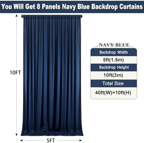 40ft×10ft Navy Blue Wrinkle Free Backdrop Curtains for Parties, 8 Panels 5×10ft Thick Silky Polyester Navy Photo, alternate