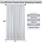40ft×10ft Sliver Grey Wrinkle Free Backdrop Curtains for Parties, 8 Panels 5×10ft Thick&Silky Polyester Sliver, alternate