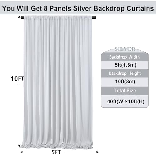 40ft×10ft Sliver Grey Wrinkle Free Backdrop Curtains for Parties, 8 Panels 5×10ft Thick&Silky Polyester Sliver, alternate