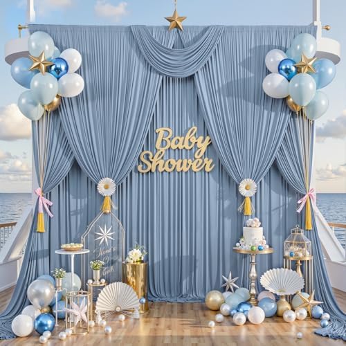40ft×10ft Wrinkle Free Dusty Blue Backdrop Curtain for Parties, 8 Panels 5×10 ft Soft Silky Polyester Photo, alternate view 5