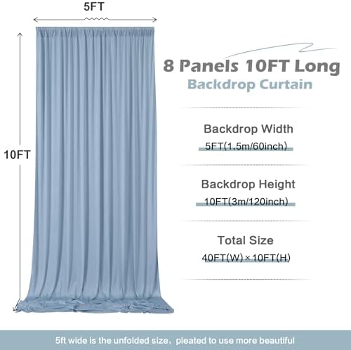 40ft×10ft Wrinkle Free Dusty Blue Backdrop Curtain for Parties, 8 Panels 5×10 ft Soft Silky Polyester Photo, alternate view 6