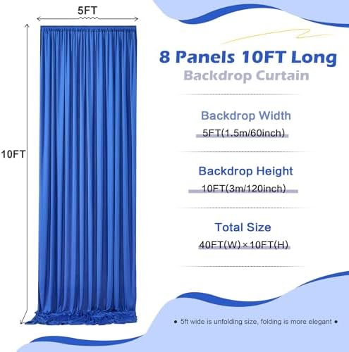 40ft×10ft Wrinkle Free Royal Blue Backdrop Curtain for Parties, 8 Panels 5×10ft Soft Sliky Polyester Blue Photo, alternate