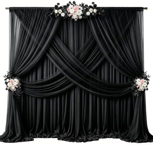 40ft x 10ft Black Backdrop Curtain Drapes, Wrinkle-Free Sheer Chiffon Fabric Photo Background Panels for Wedding