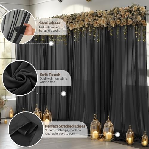 40ft x 10ft Black Backdrop Curtain Drapes, Wrinkle-Free Sheer Chiffon Fabric Photo Background Panels for Wedding, alternate
