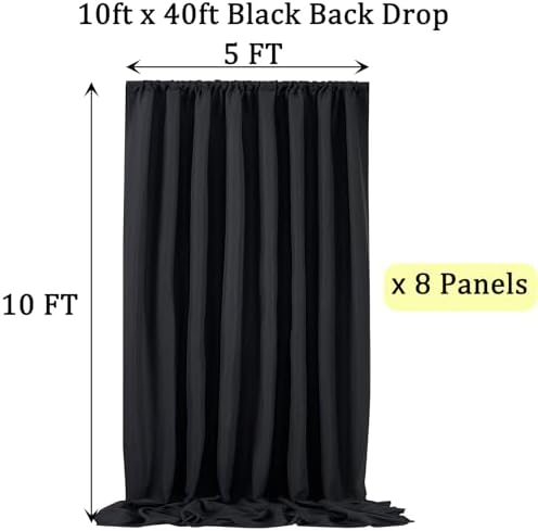 40ft x 10ft Black Backdrop Curtain Panels for Parties, 8 Panels 5ftx10ft Thick Wrinkle Resistant Polyester, alternate view 5