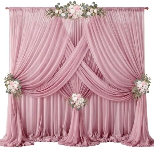 40ft x 10ft Dusty Rose Backdrop Curtains, Wrinkle-Free Sheer Chiffon Fabric Photo Backdrop Drapes for Wedding