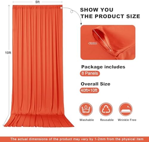 40ft x 10ft Orange Backdrop Drapes for Wedding Parties, 8 Panels Wrinkle-Free Polyester Fabric Background, alternate view 6