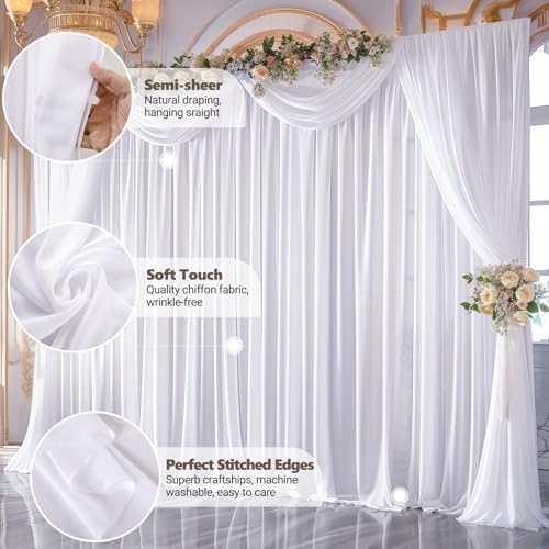 40ft x 10ft White Chiffon Backdrop Curtains, Wrinkle-Free Sheer Chiffon Fabric Photo Curtain Drapes for Wedding, alternate