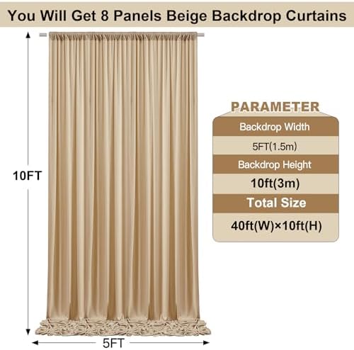 40ft x 10ft Wrinkle Free Beige Backdrop Curtains for Parties Weddings, 8 Panels 5×10ft Soft Silk Polyester Photo, alternate