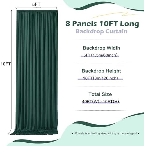 40ft x 10ft Wrinkle Free Hunter Green Backdrop Curtain for Jungle Parties, 8 Panels 5×10ft Soft Silky Green, alternate view 5