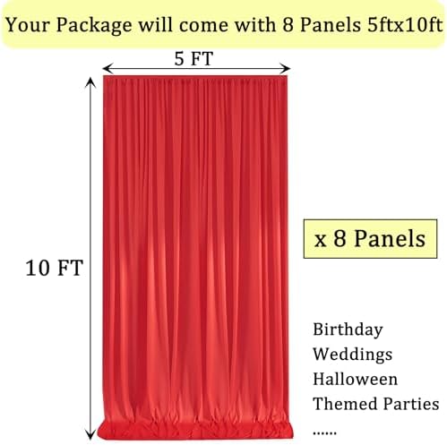 40ft x 10ft Wrinkle Free Red Backdrop Curtains for Parties, 8 Panels 5x10ft Silky Polyester Photo Backdrop, alternate view 6