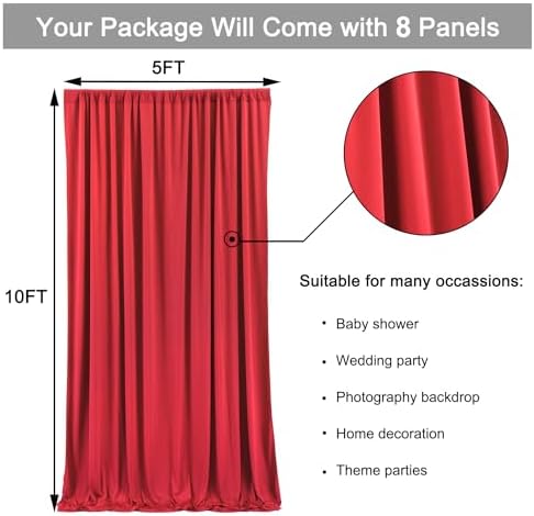 40ft x 10ft Wrinkle Free Red Backdrop Curtains for Parties, Polyester Photo Backdrop Drapes 8 Panels 5x10ft for, alternate