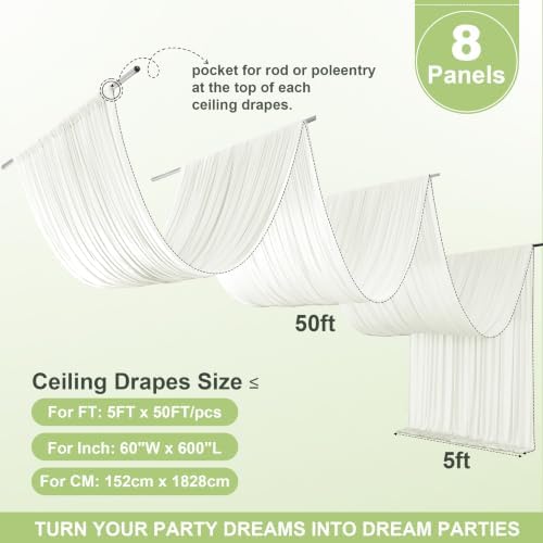 40FT x 50FT Creamy Ivory Ceiling Drapes for Wedding Party in 60"W x 600"L (Pack of 8) in Creamy Ivory, alternate view 2