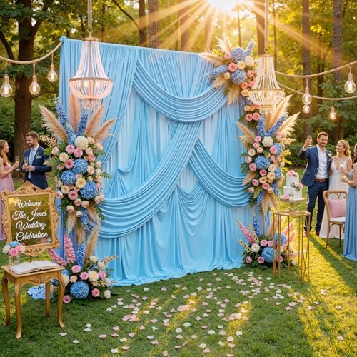 40ftx10ft Wrinkle Free Baby Blue Backdrop Curtains for Parties, 8 Panels Thick Polyester Backdrop Drapse for