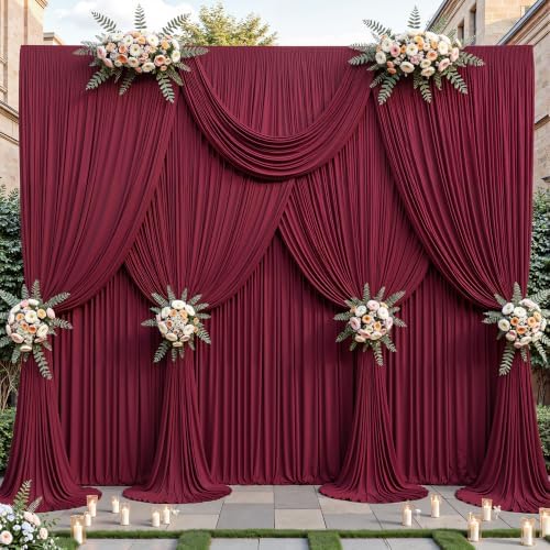 40ftx10ft Wrinkle Free Burgundy Backdrop Curtain - 10 Feet Photography Backdrop Drapes, Silky Polyester Back