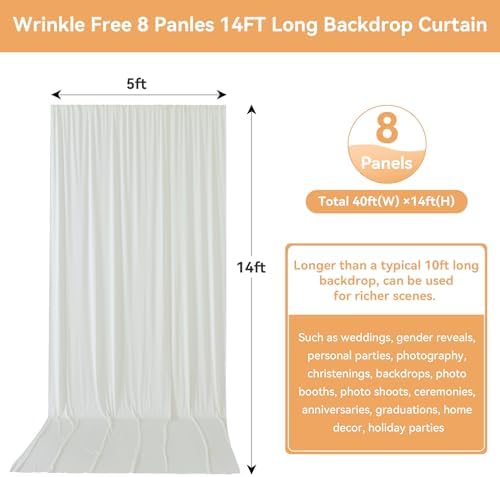 40FTx12FT Ivory Backdrop Curtains for Weddings, Birthdays and Photography in W5' x H12'(8 panels) in ivory, alternate view 6