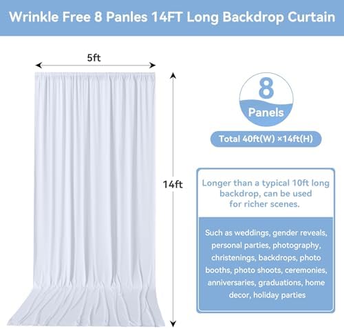 40FTx14FT White Backdrop Curtains for Wedding Party, Birthday and Labor Day in W5' x H14'(8 panels) in White, alternate view