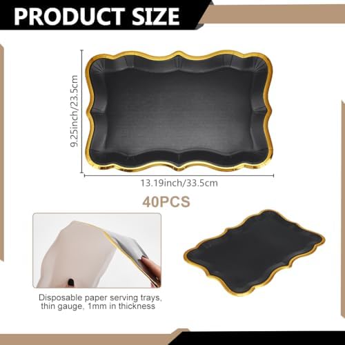 40pcs Black Disposable Serving Trays and Platters with Gold Rim 13"x9" Rectangle Party Trays Cookie Platters for, alternate