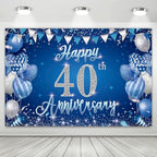 40th Anniversary Backdrop, Blue & Silver Happy 40th Wedding Anniversary Photo Background Wall Decor, Couples