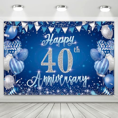 40th Anniversary Backdrop, Blue & Silver Happy 40th Wedding Anniversary Photo Background Wall Decor, Couples