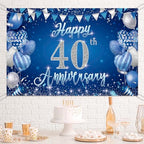 40th Anniversary Backdrop, Blue & Silver Happy 40th Wedding Anniversary Photo Background Wall Decor, Couples, alternate view