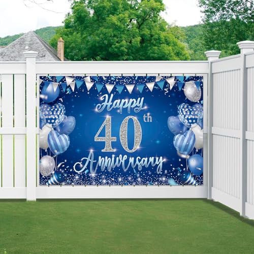 40th Anniversary Backdrop, Blue & Silver Happy 40th Wedding Anniversary Photo Background Wall Decor, Couples, alternate view