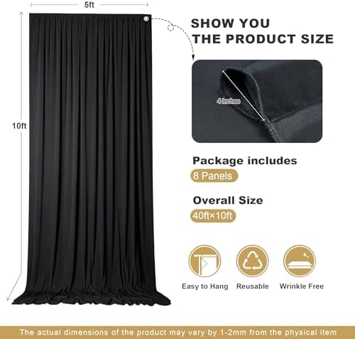 40x10ft Black Backdrop Curtains for Parties, 8 Panels 5x10ft Wrinkle-Free Polyester Background Curtains for, alternate view 5