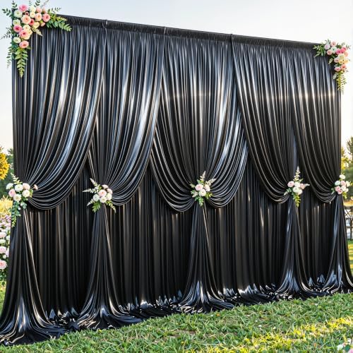40x10ft Black Glitter Backdrop Curtain for Parties, Wrinkle Free Satin Photo Backdrop Drapes 8 Panels 5x10FT