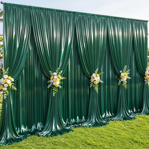 40x10ft Dark Green Glitter Backdrop Curtain for Parties, Wrinkle Free Satin Photo Backdrop Drapes 8 Panels