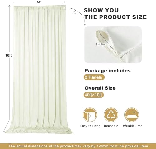 40x10ft Ivory Backdrop Curtains for Parties, 8 Panels 5x10ft Wrinkle-Free Polyester Background Curtains for, alternate view 4