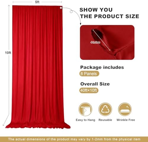 40x10ft Red Backdrop Curtains for Parties, 8 Panels 5x10ft Wrinkle-Free Polyester Background Curtains for, alternate view 5