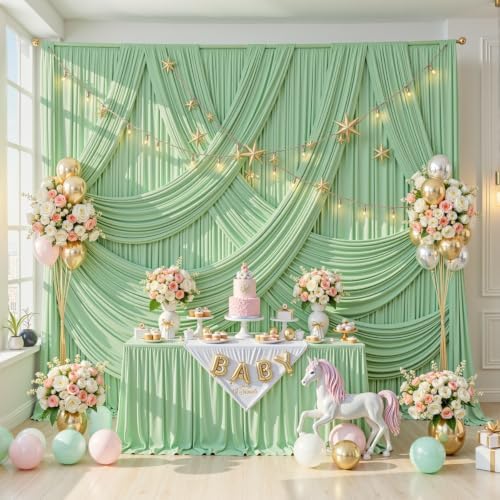 40x10FT Sage Green Backdrop Curtains for Parties, Wrinkle-Free Photo Backdrop Drapes, Background Fabric Drapes