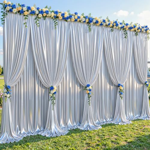 40x10ft Silver Glitter Backdrop Curtain for Parties, Wrinkle Free Satin Photo Backdrop Drapes 8 Panels 5x10FT
