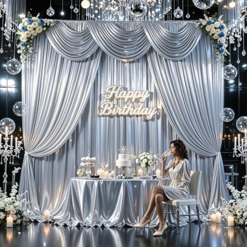 40x10ft Silver Glitter Backdrop Curtain for Parties, Wrinkle Free Satin Photo Backdrop Drapes 8 Panels 5x10FT, alternate view