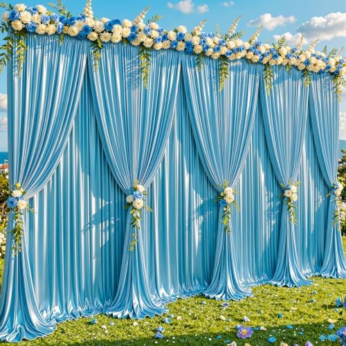 40x10ft Sky Blue Glitter Backdrop Curtain for Parties, Wrinkle Free Satin Photo Backdrop Drapes 8 Panels 5x10FT