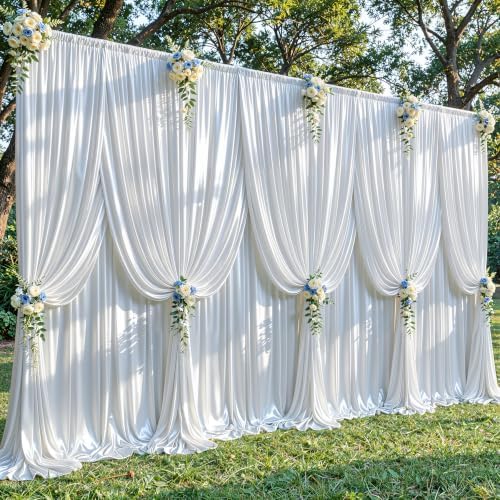 40x10ft White Glitter Backdrop Curtain for Parties, Wrinkle Free Satin Photo Backdrop Drapes 8 Panels 5x10FT