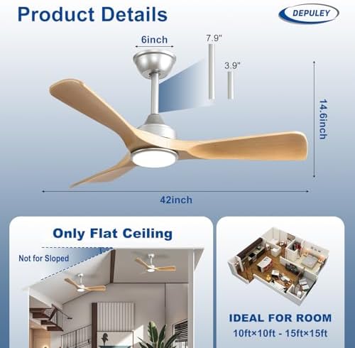 42-Inch Ceiling Fan with Light: Wood 3 Blade Outdoor Fans for Patios - Dimmable Indoor Ceiling Fan with Remote, alternate