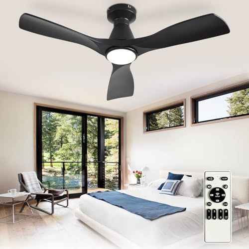 42-Inch Ceiling Fans with Lights: Black 3 Blade Flush Mount Low Profile Ceiling Fan for Bedroom - Dimmable