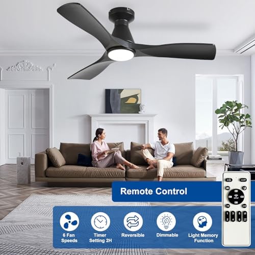 42-Inch Ceiling Fans with Lights: Black 3 Blade Flush Mount Low Profile Ceiling Fan for Bedroom - Dimmable, alternate view 3